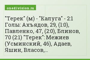 "Терек" (м) - "Калуга" - 2:1 Голы: Ахъядов, 29, (1:0), Павленко, 47, (2:0), Блинов, 70 (2:1) "Терек": Межиев (Усминский, 46), Адаев, Яшин, Власов,…
