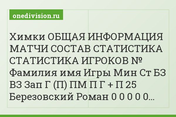 Химки ОБЩАЯ ИНФОРМАЦИЯ МАТЧИ СОСТАВ СТАТИСТИКА СТАТИСТИКА ИГРОКОВ № Фамилия имя Игры Мин Ст БЗ ВЗ Зап Г (П) ПМ П Г + П 25 Березовский Роман 0 0 0 0 0…