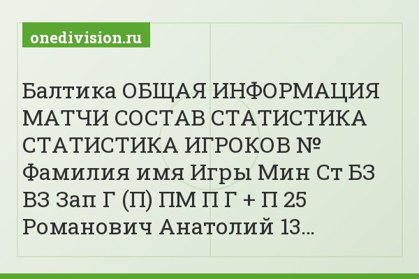 Балтика ОБЩАЯ ИНФОРМАЦИЯ МАТЧИ СОСТАВ СТАТИСТИКА СТАТИСТИКА ИГРОКОВ № Фамилия имя Игры Мин Ст БЗ ВЗ Зап Г (П) ПМ П Г + П 25 Романович Анатолий 13…