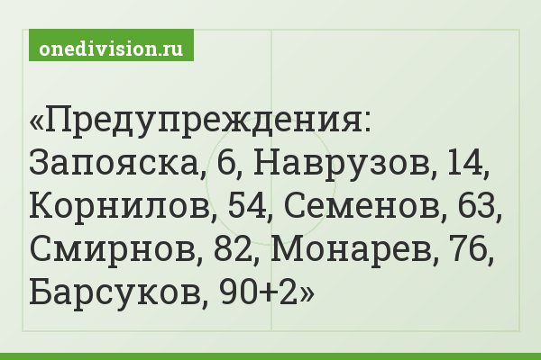 Предупреждения: Запояска, 6, Наврузов, 14, Корнилов, 54, Семенов, 63, Смирнов, 82, Монарев, 76, Барсуков, 90+2