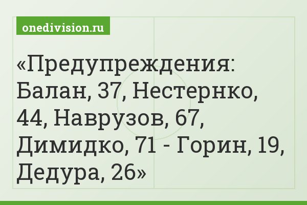 Предупреждения: Балан, 37, Нестернко, 44, Наврузов, 67, Димидко, 71 - Горин, 19, Дедура, 26