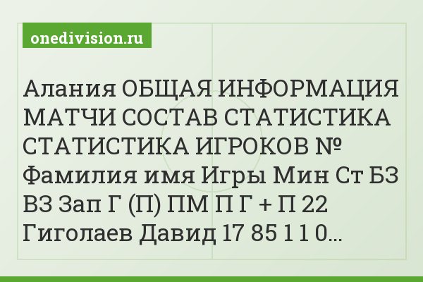 Алания ОБЩАЯ ИНФОРМАЦИЯ МАТЧИ СОСТАВ СТАТИСТИКА СТАТИСТИКА ИГРОКОВ № Фамилия имя Игры Мин Ст БЗ ВЗ Зап Г (П) ПМ П Г + П 22 Гиголаев Давид 17 85 1 1 0…