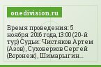 Время проведения: 5 ноября 2016 года, 13:00 (20-й тур) Судьи: Чистяков Артем (Азов) , Суховерков Сергей (Воронеж) , Шимарыгин Александр (Сосновый…