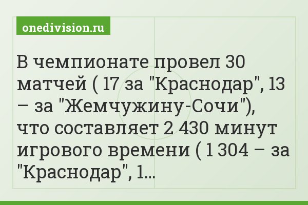 В чемпионате провел 30 матчей ( 17 за "Краснодар", 13 – за "Жемчужину-Сочи"), что составляет 2 430 минут игрового времени ( 1 304 – за "Краснодар", 1…