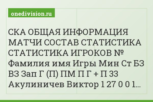 СКА ОБЩАЯ ИНФОРМАЦИЯ МАТЧИ СОСТАВ СТАТИСТИКА СТАТИСТИКА ИГРОКОВ № Фамилия имя Игры Мин Ст БЗ ВЗ Зап Г (П) ПМ П Г + П 33 Акулиничев Виктор 1 27 0 0 1…