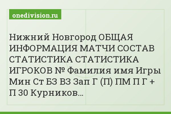 Нижний Новгород ОБЩАЯ ИНФОРМАЦИЯ МАТЧИ СОСТАВ СТАТИСТИКА СТАТИСТИКА ИГРОКОВ № Фамилия имя Игры Мин Ст БЗ ВЗ Зап Г (П) ПМ П Г + П 30 Курников…