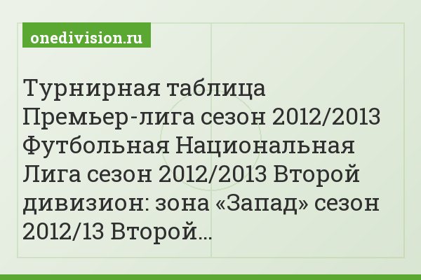 Турнирная таблица Премьер-лига сезон 2012/2013 Футбольная Национальная Лига сезон 2012/2013 Второй дивизион: зона «Запад» сезон 2012/13 Второй…