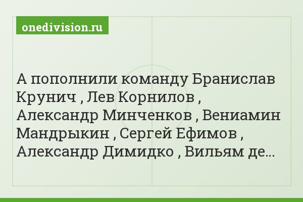 А пополнили команду Бранислав Крунич , Лев Корнилов , Александр Минченков , Вениамин Мандрыкин , Сергей Ефимов , Александр Димидко , Вильям де…