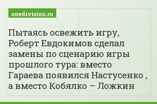 Пытаясь освежить игру, Роберт Евдокимов сделал замены по сценарию игры прошлого тура: вместо Гараева появился Настусенко , а вместо Кобялко – Ложкин